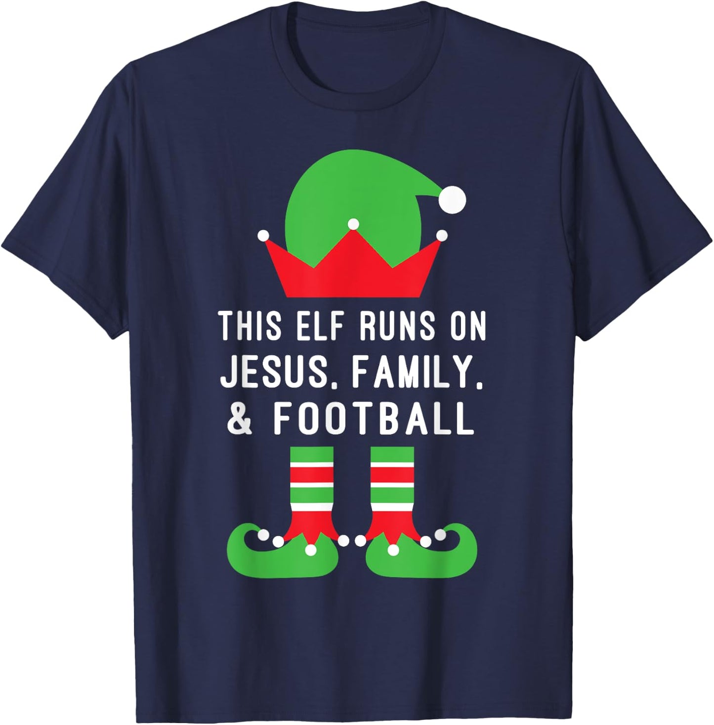 This Elf Runs On Jesus,Family, Football Christian Christmas T-Shirt - T-Shirt | Navy