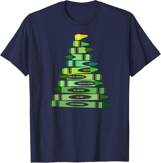 Teacher Christmas Gift Shirt Crayon Tree Men Women Kids T-Shirt - T-Shirt | Navy