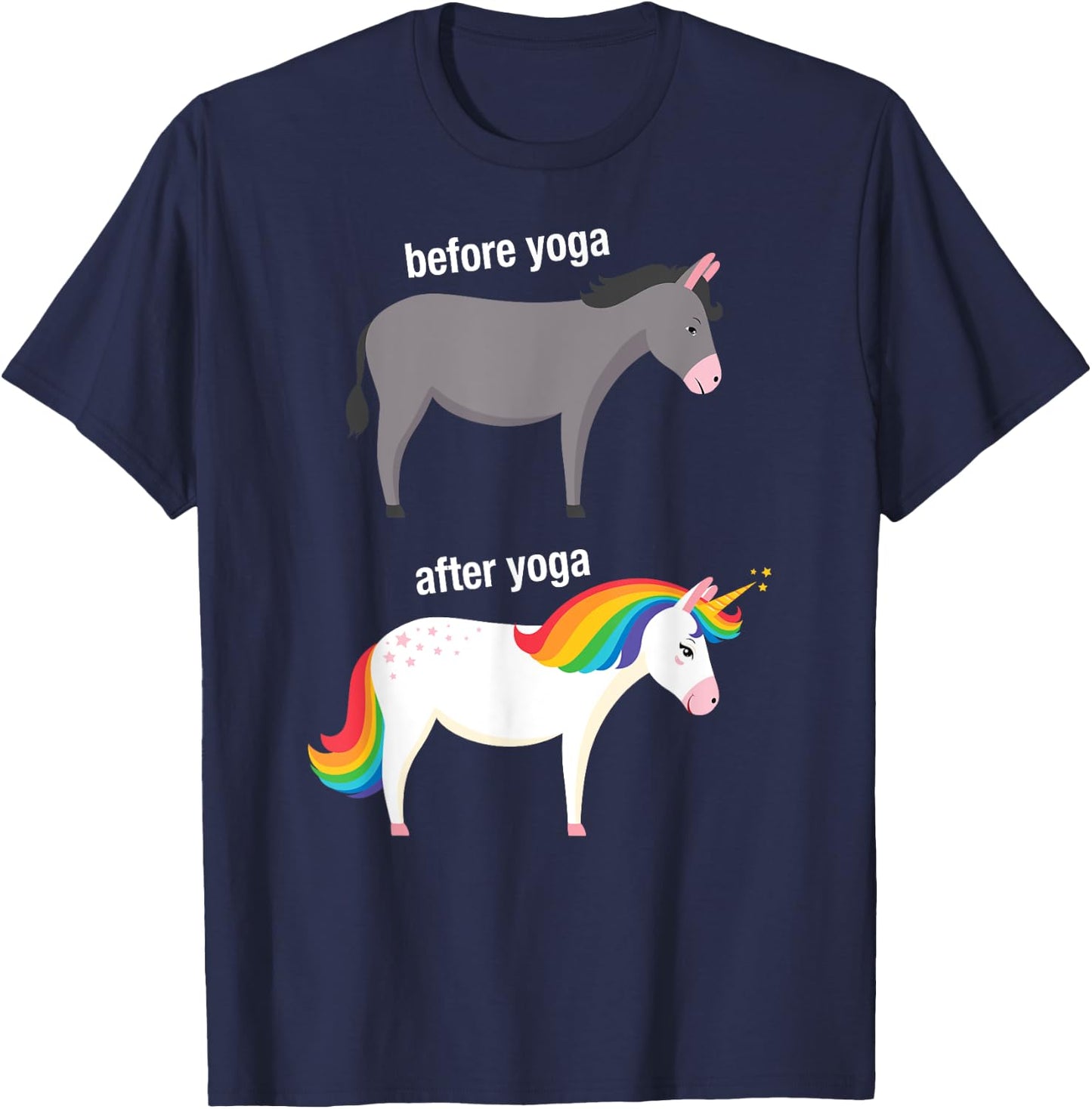 Before and After Yoga Funny Unicorn illustration Design T-Shirt - T-Shirt | Navy
