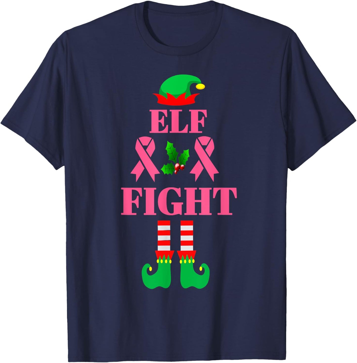 Fight Breast Cancer Elf Matching Family Group Christmas T-Shirt - T-Shirt | Navy