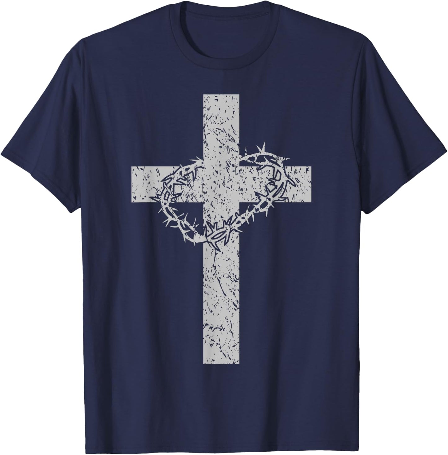 Vintage Distressed Cross & Crown of Thorns Christian T-Shirt - T-Shirt | Navy