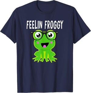 Feelin Froggy Funny Frog Lover Quote Frog in Glasses Graphic T-Shirt - T-Shirt | Navy