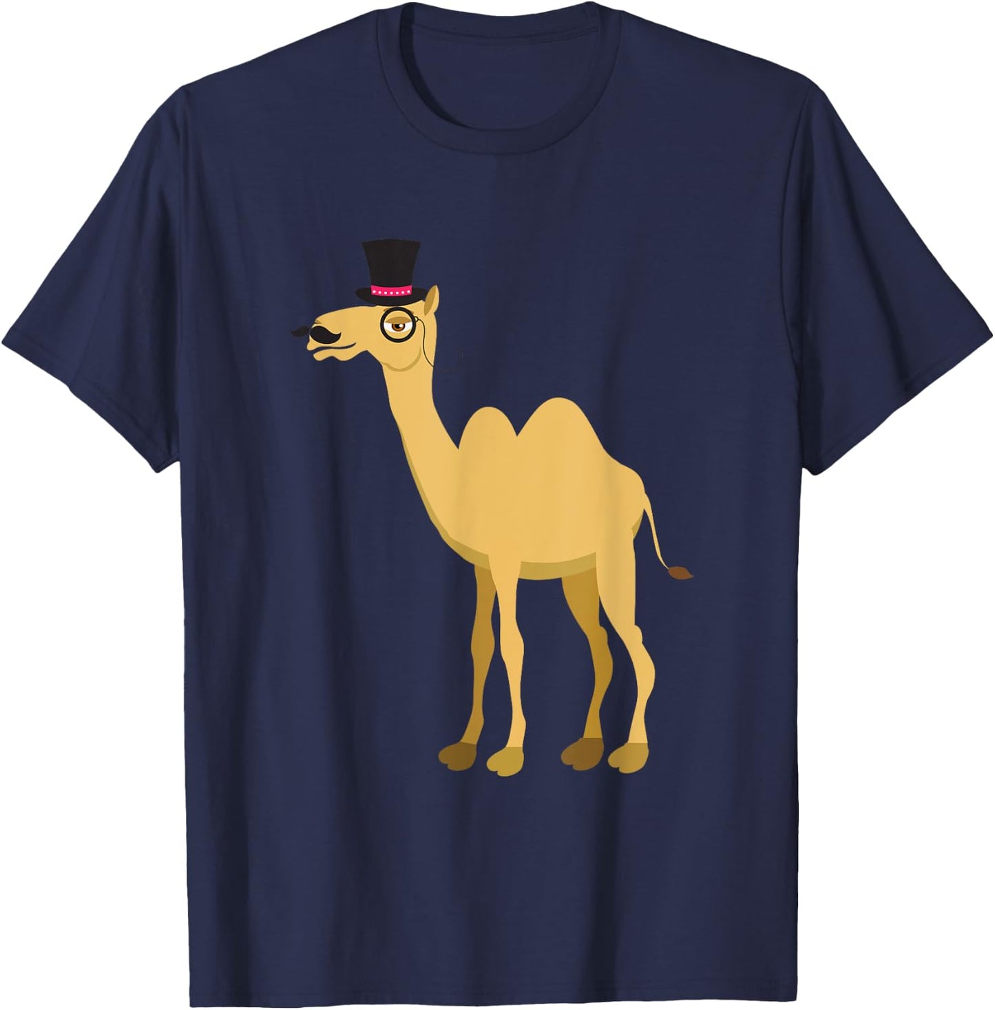 Mr Camel With Curly Retro Moustache, Hat And Monocle T-Shirt - T-Shirt | Navy