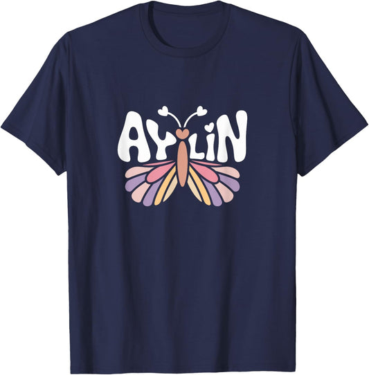 Aylin Butterfly - Personalized Cute Name Word Art T-Shirt - T-Shirt | Navy