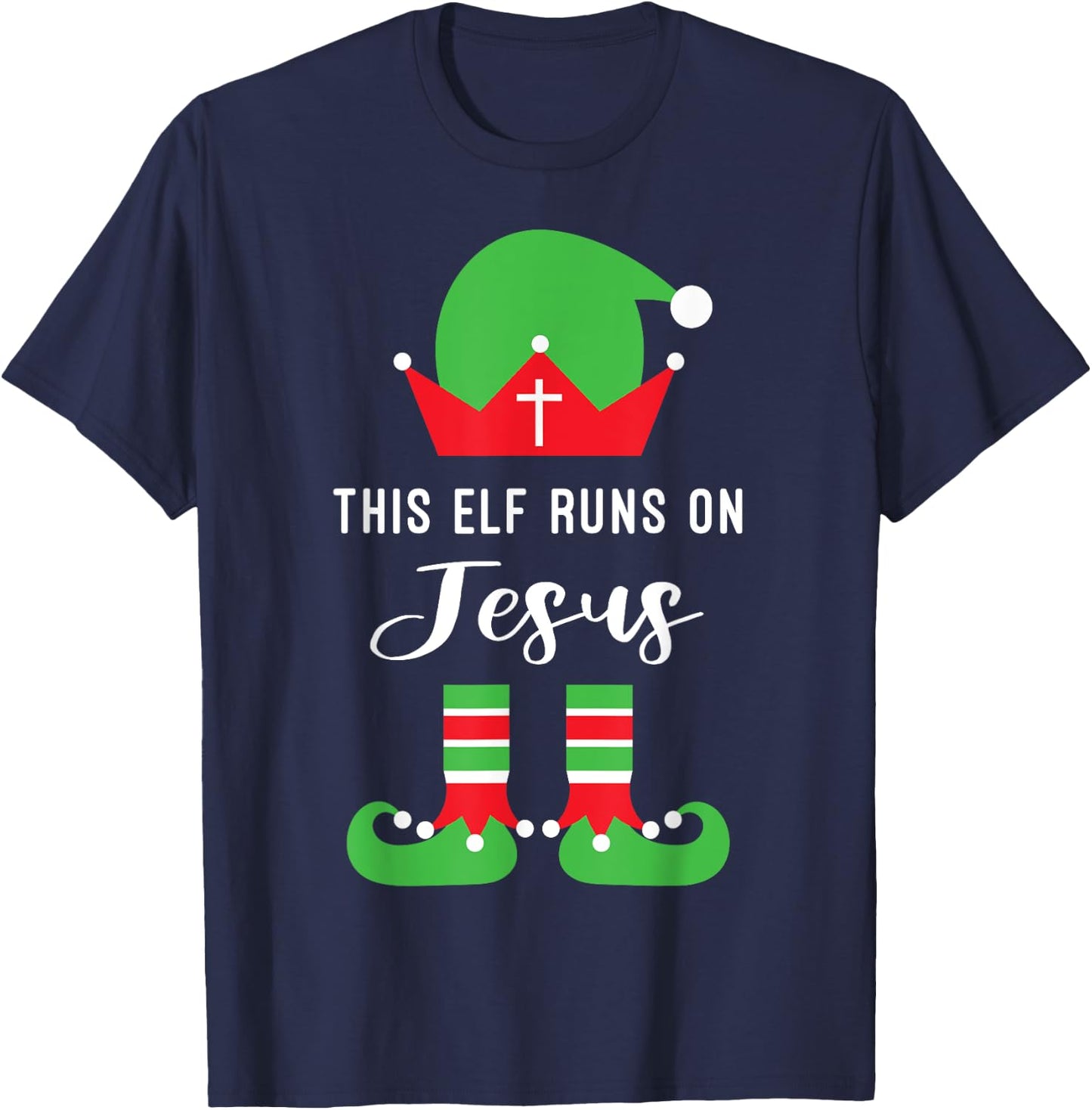 This Elf Runs On Jesus Christian Religious Christmas T-Shirt - T-Shirt | Navy