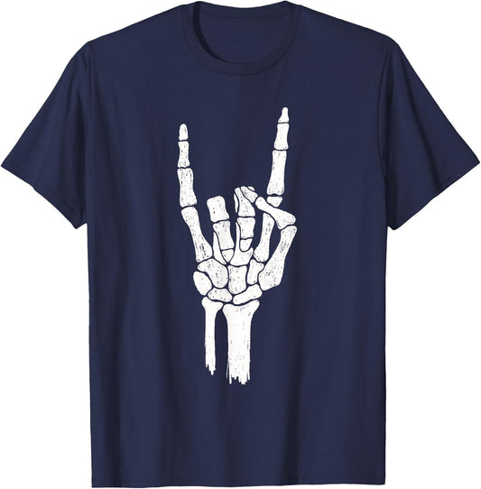 Skeleton Rock Hand - Halloween Rock On Devil Horns T-Shirt - T-Shirt | Navy