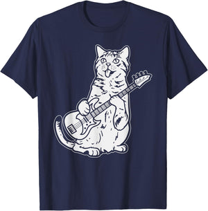 Cat Playing Bass Guitar Musician Animal Pet Music Lover Gift T-Shirt - T-Shirt | Navy