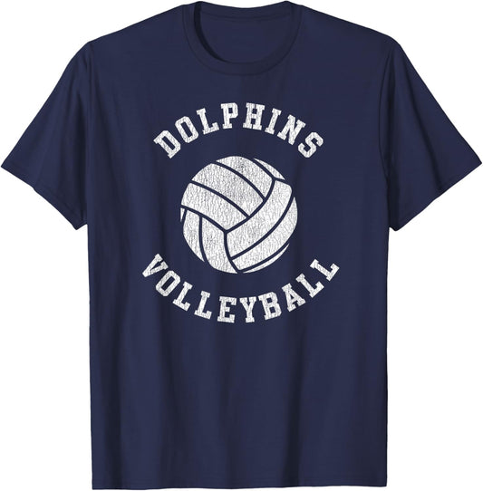 Dolphins Volleyball Retro Distressed Team VB Graphic T-Shirt - T-Shirt | Navy