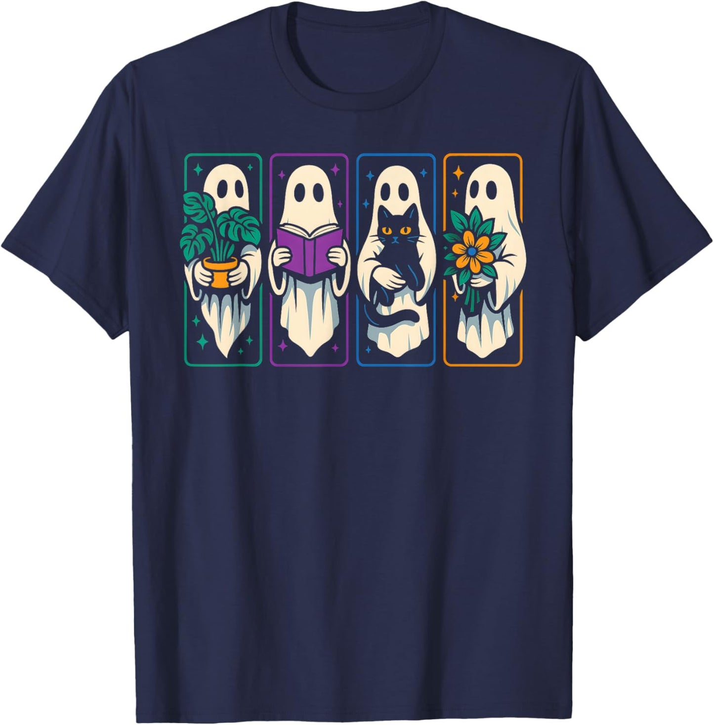 Cute Hippie Ghosts, Funny Ghost with Black Cat Books Plants T-Shirt - T-Shirt | Navy