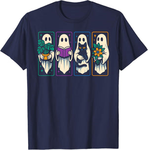 Cute Hippie Ghosts, Funny Ghost with Black Cat Books Plants T-Shirt - T-Shirt | Navy