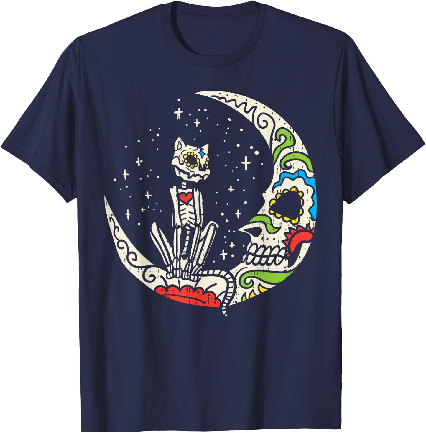 Sugar Skull Cat Moon Dia De Los Muertos Halloween Costume T-Shirt - T-Shirt | Navy