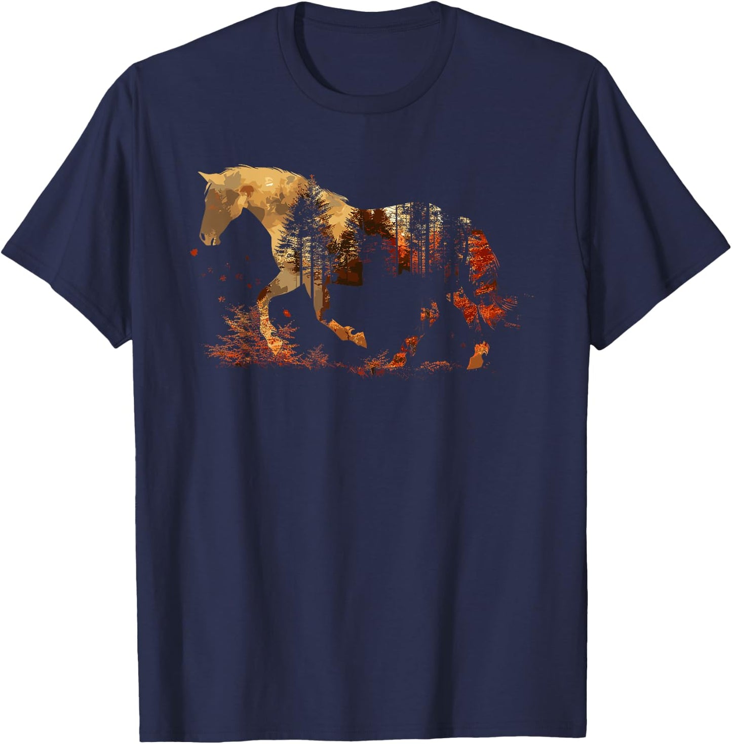 Cute Horse Lover Autumn Leaves Pony Animal Wildlife T-Shirt - T-Shirt | Navy