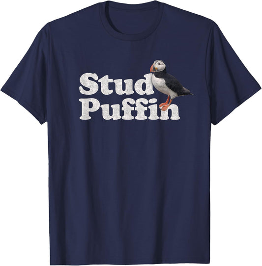 Stud Puffin - Retro Vintage Style - Black - -Adults - Short Sleeve - Classic Fit - Cotton Blend - Small T-Shirt - T-Shirt | Navy