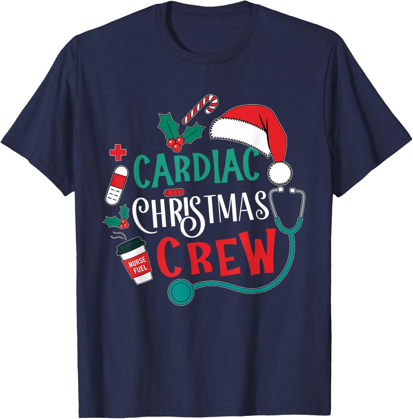 Cardiac Christmas Crew Cardiology Stethoscope Nurse Xmas T-Shirt - T-Shirt | Navy