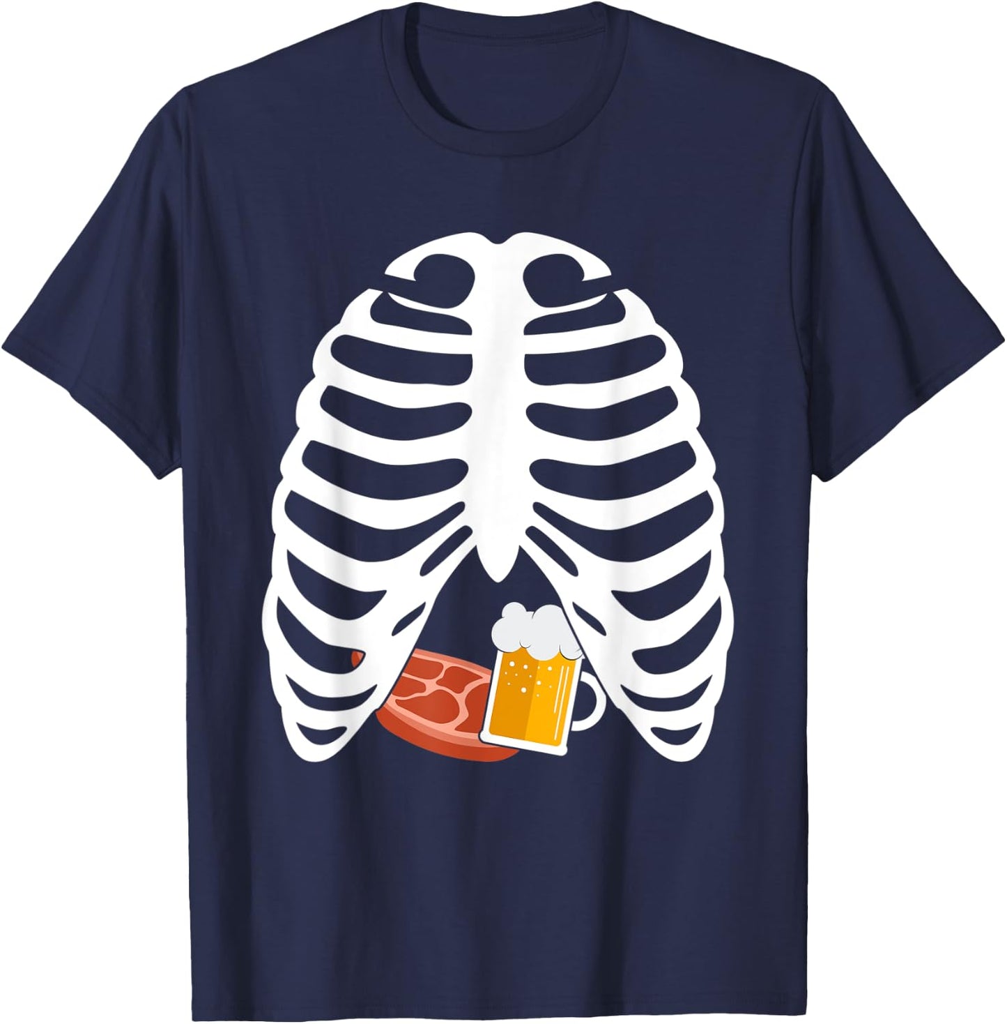 Halloween Funny Beer & Steak Costume Skeleton Rib Cage Gifts T-Shirt - T-Shirt | Navy