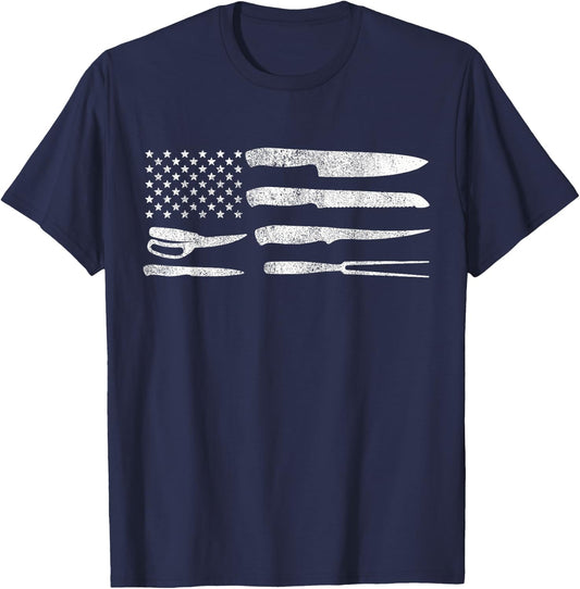 Chef American Flag Kitchen Knives Cooking Patriotic Gift T-Shirt - T-Shirt | Navy