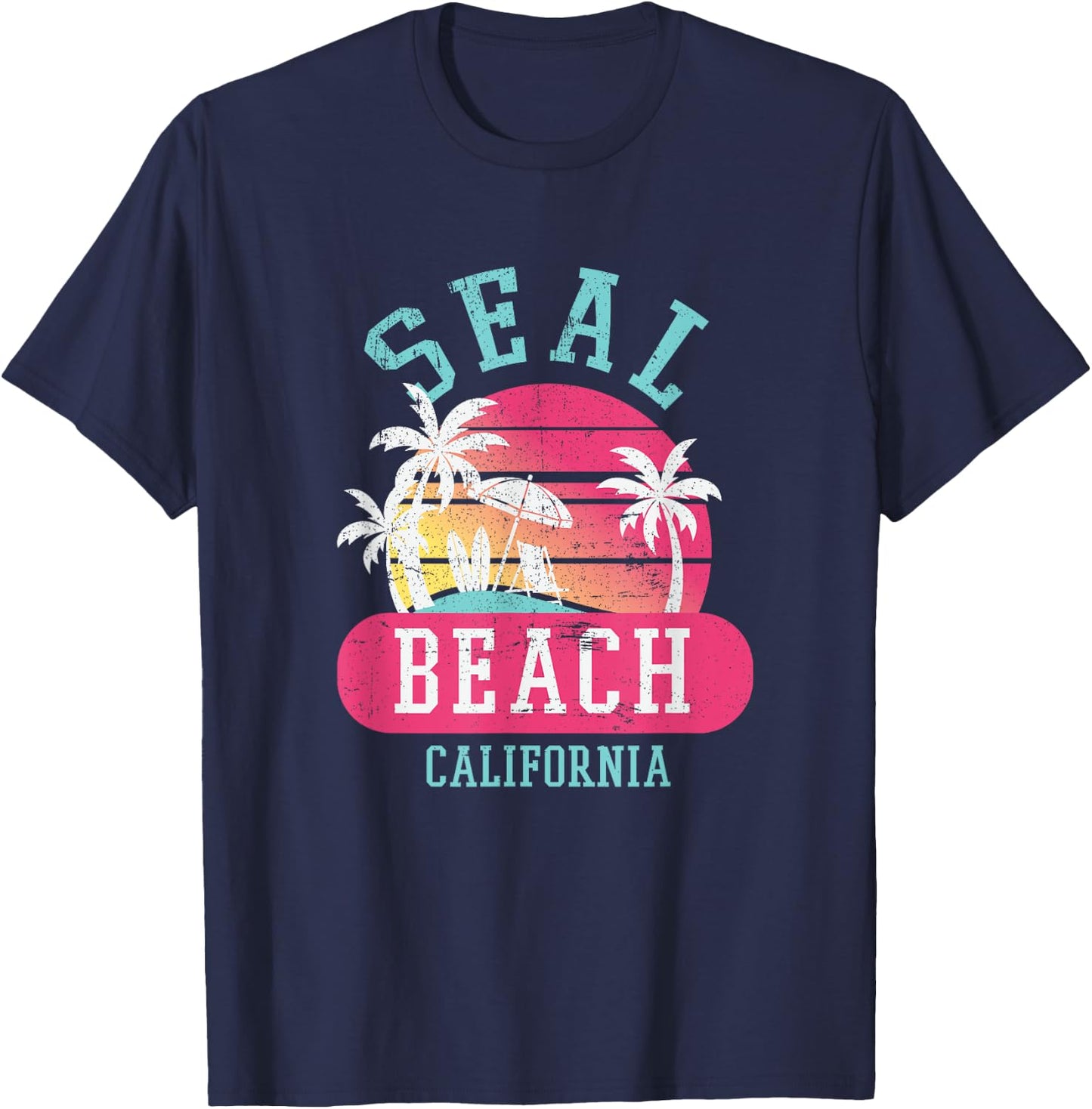 Retro Cool Seal Beach California Beaches T-Shirt - T-Shirt | Navy