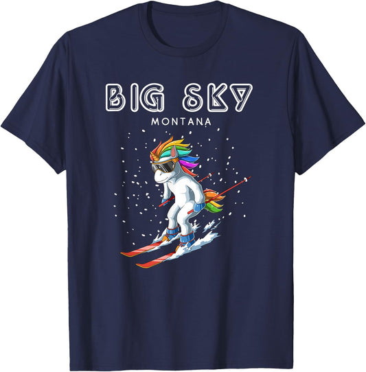 Montana Big Sky - Unicorn USA Ski Resort 80s Retro Gift T-Shirt - T-Shirt | Navy