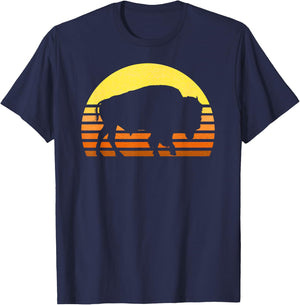 Native American Bison Buffalo Bull Western Indian Retro Sun T-Shirt - T-Shirt | Navy