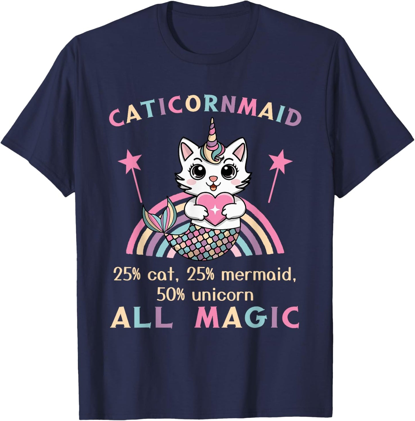 Caticorn Mermaid 50% Unicorn Cat Cute Girls Meowgical Theme T-Shirt - T-Shirt | Navy