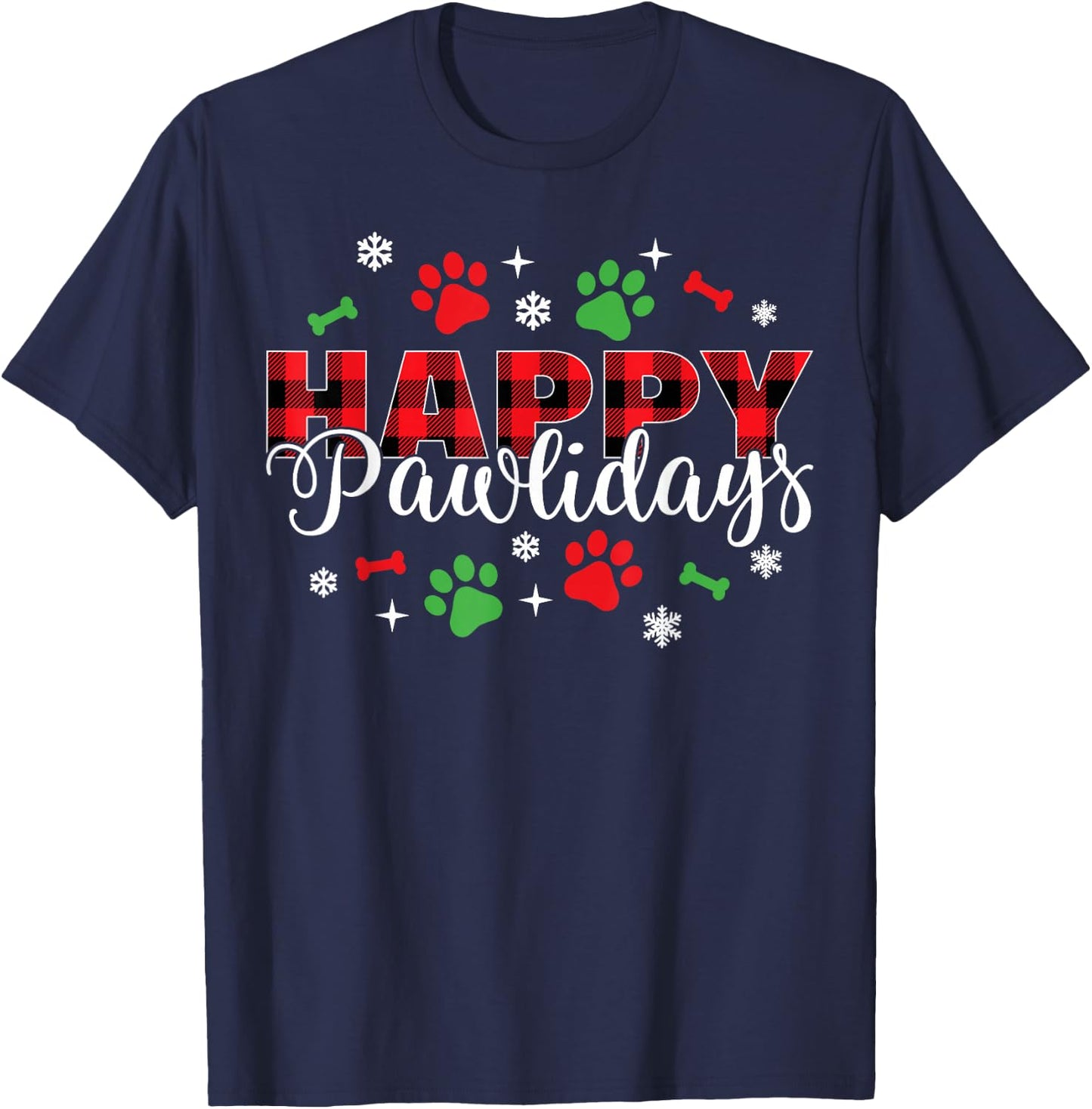 Happy Pawlidays Buffalo Plaid Dog Paws Christmas Holiday T-Shirt - T-Shirt | Navy
