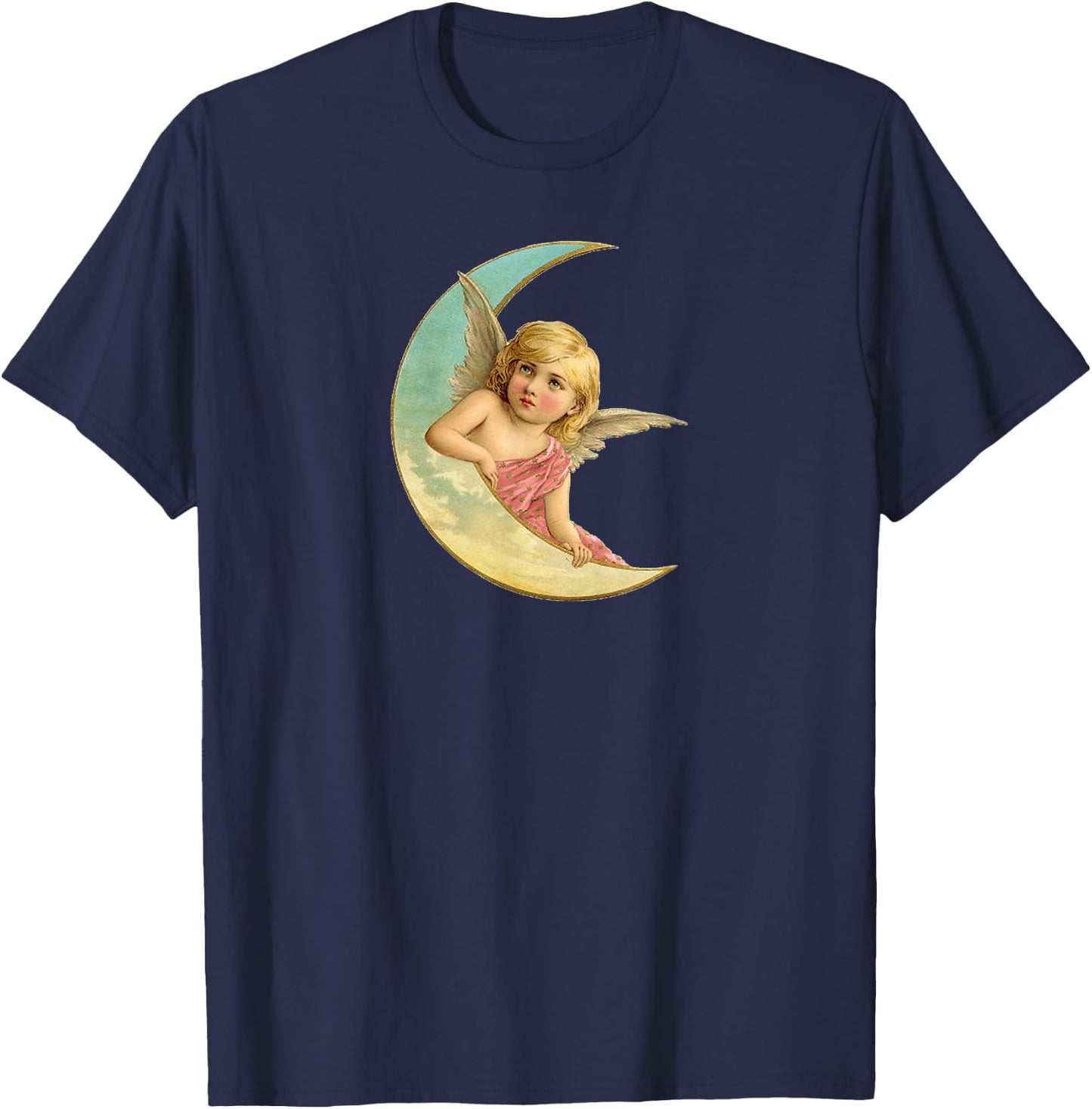 Vintage Celestial Moon Cherub Angel T-Shirt - T-Shirt | Navy