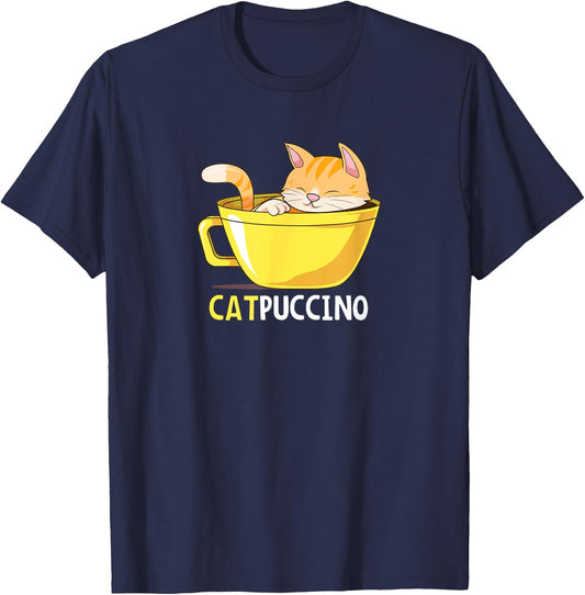 Funny Cat Catpuccino Cappuccino Coffee Cute Kitten Design T-Shirt - T-Shirt | Navy