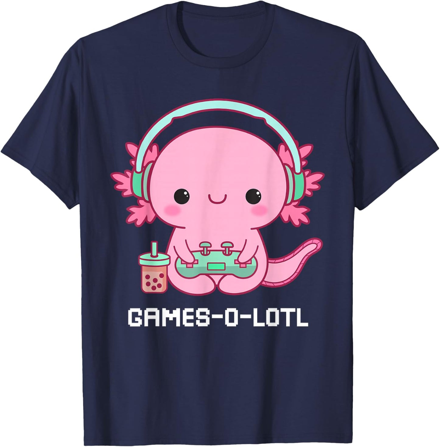 Gamesalotl Axolotl Cute Kawaii Fish Playing Video Games Girl T-Shirt - T-Shirt | Navy