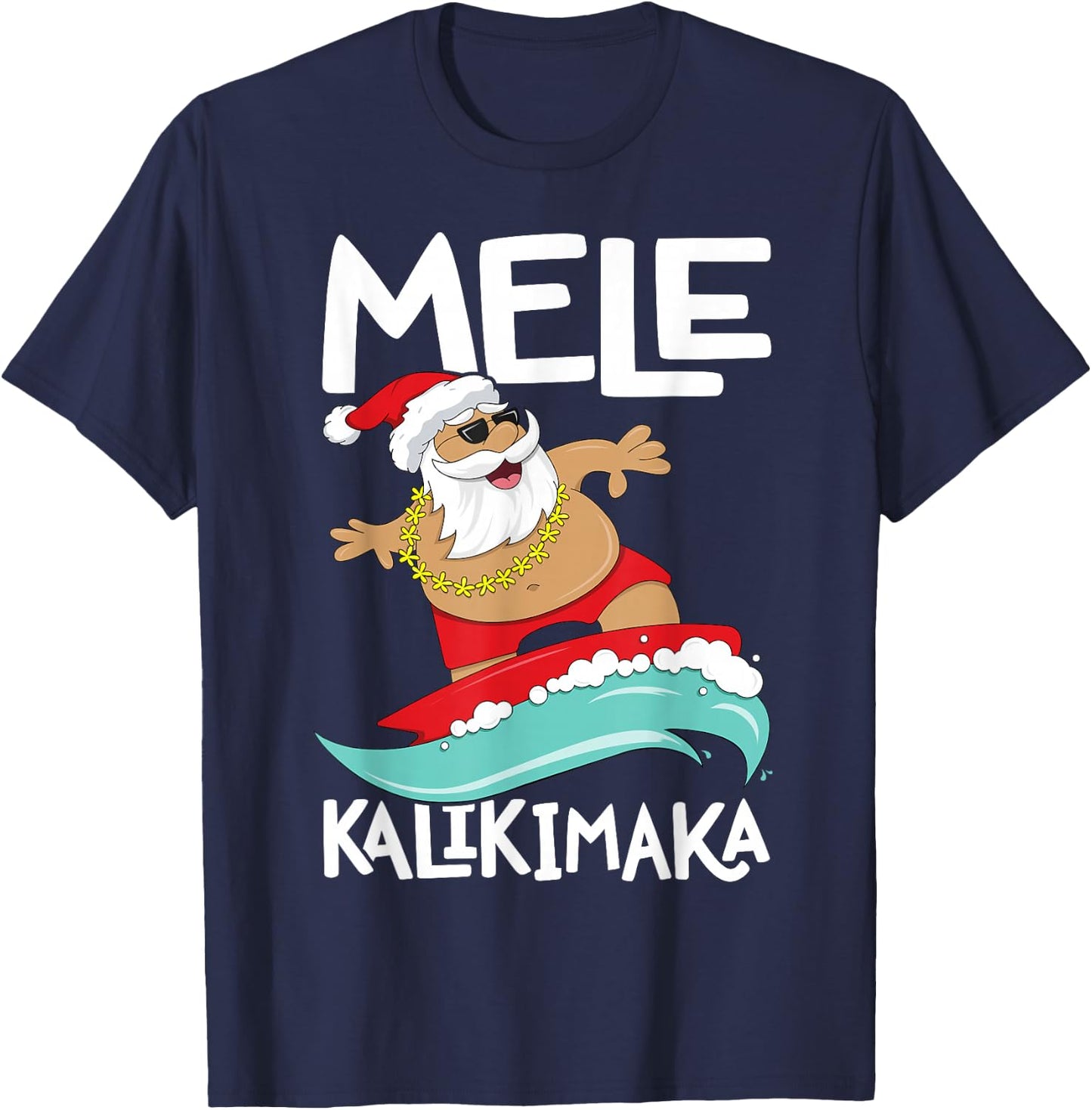 Mele Kalikimaka Hawaiian Christmas Hawaii Surfing Santa Short Sleeve Black T-Shirt - T-Shirt | Navy