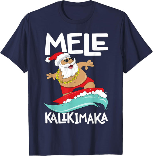 Mele Kalikimaka Hawaiian Christmas Hawaii Surfing Santa Short Sleeve Black T-Shirt - T-Shirt | Navy