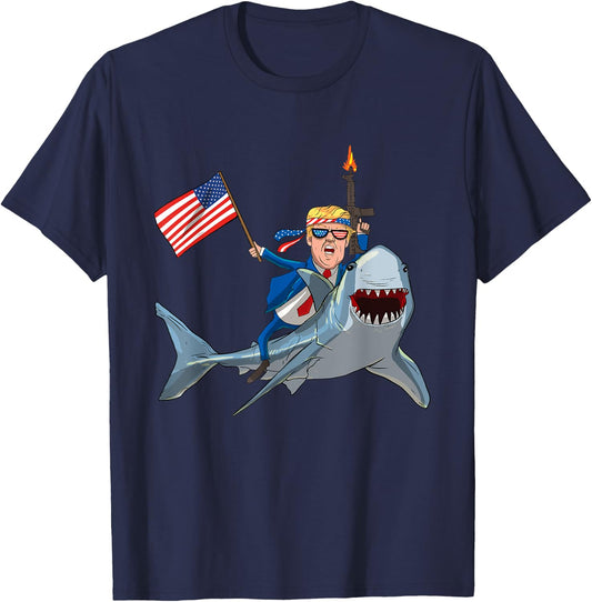 Trump Riding Shark Patriotic USA Supporter Men T-Shirt - T-Shirt | Navy