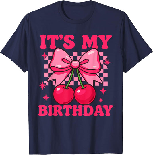 Pink Coquette Bow Cherry Groovy Checkered - It's My Birthday T-Shirt - T-Shirt | Navy