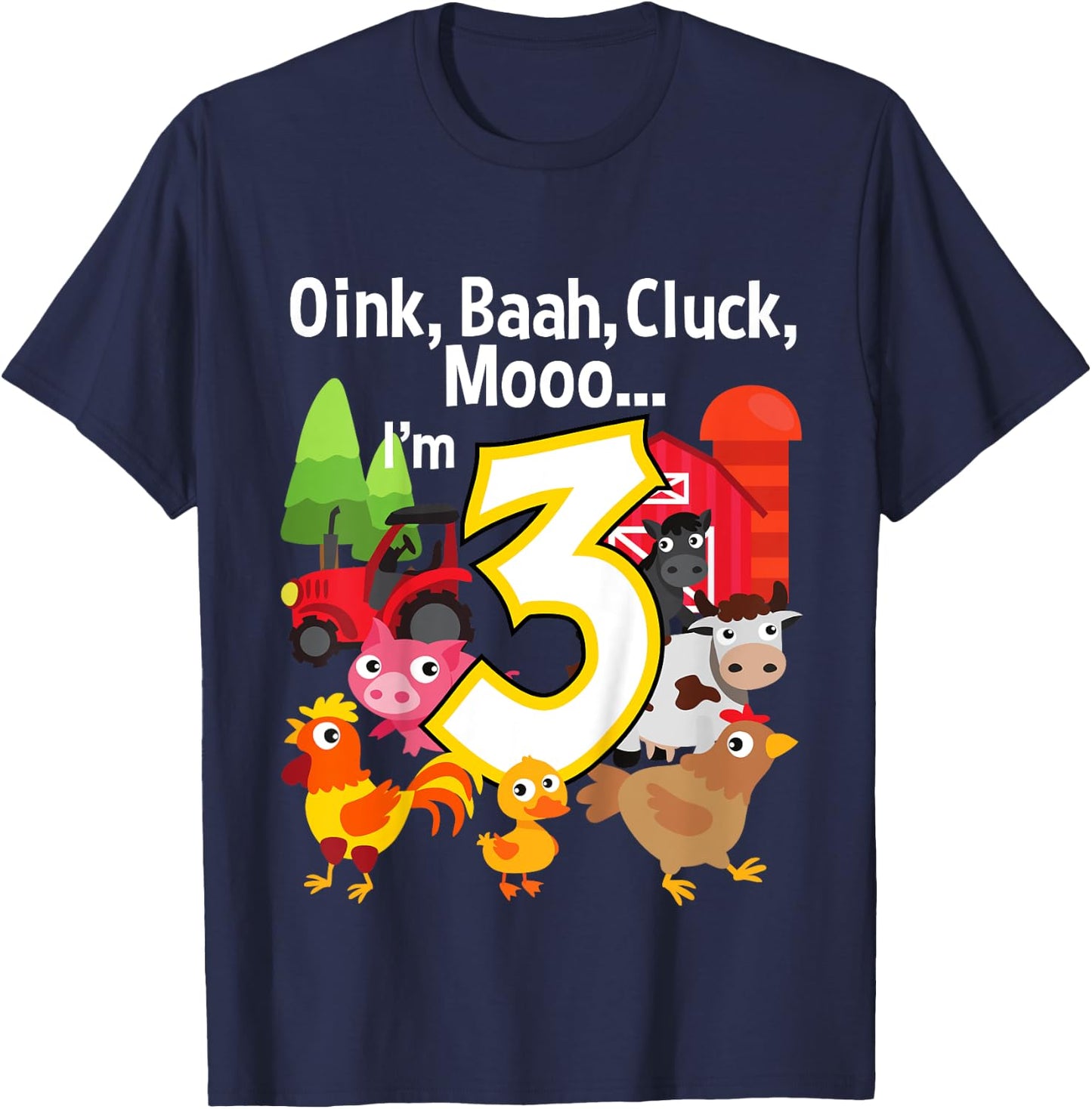 3 Year Old Farm Birthday Party Animal Barn Sounds 3rd Gift T-Shirt - T-Shirt | Navy
