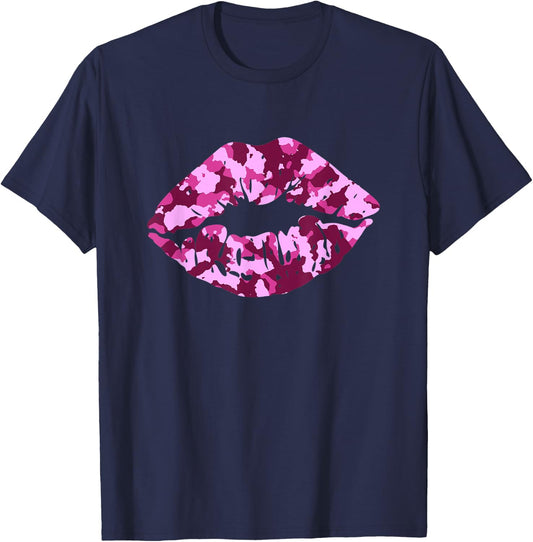 Pink Camo Kiss Military Soldier Camouflage Lips Gift T-Shirt - T-Shirt | Navy