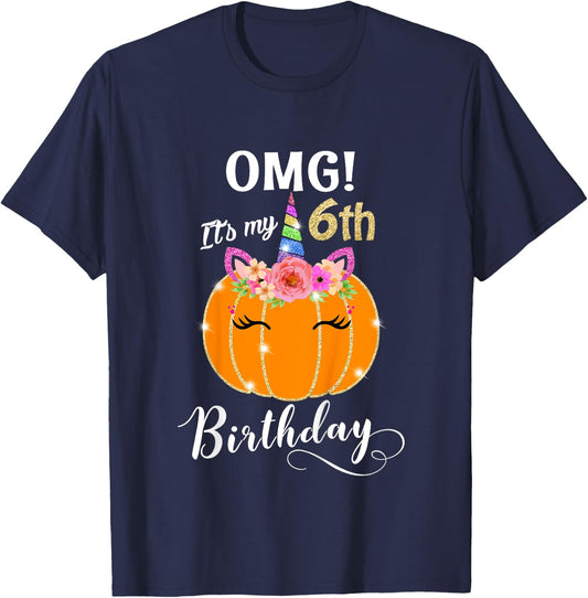 Kids OMG It's My 6th Birthday Floral Pumpkin Unicorn, Halloween T-Shirt - T-Shirt | Navy