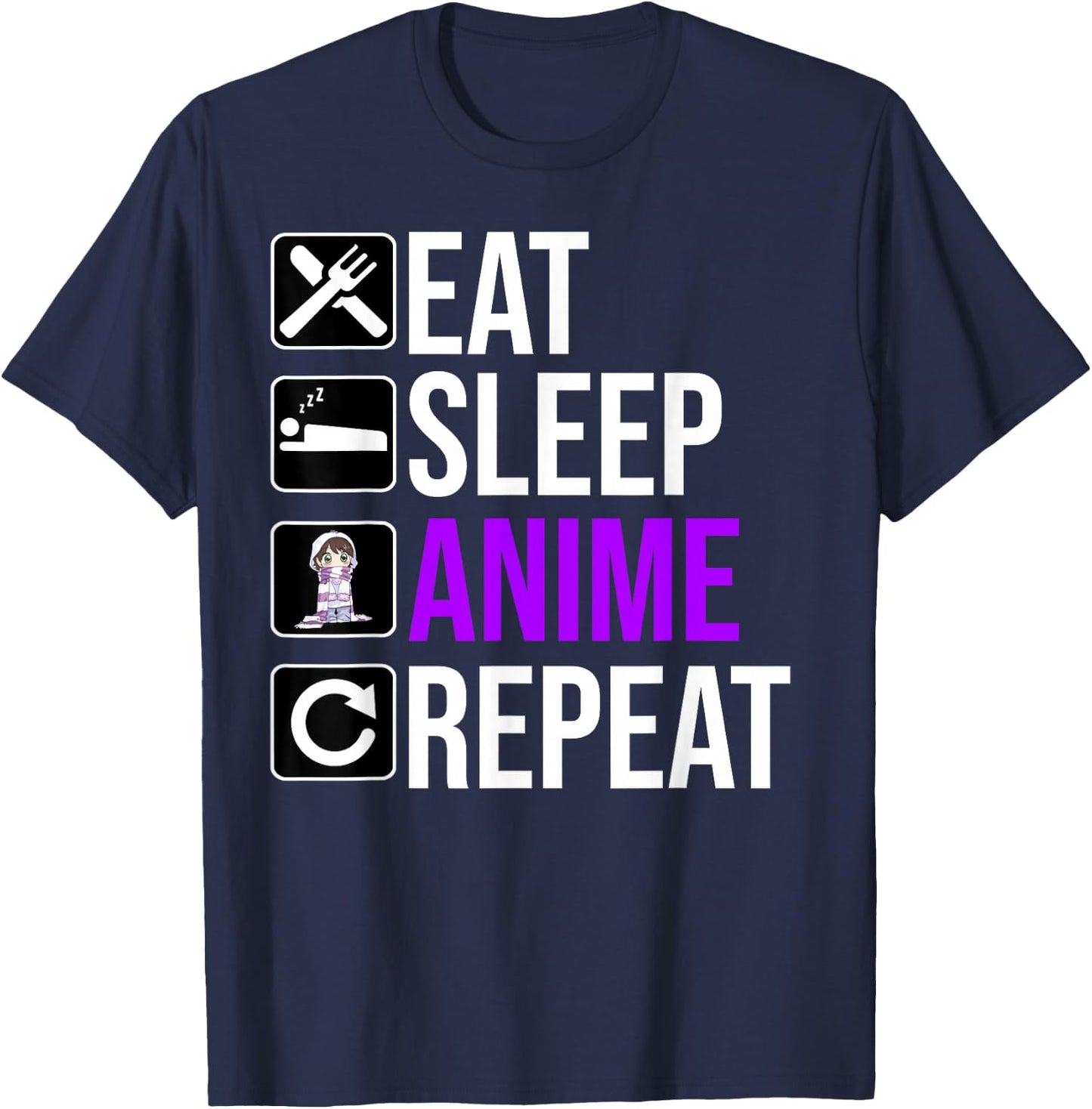Anime Lover Funny - Eat Sleep Anime Repeat T-Shirt - T-Shirt | Navy