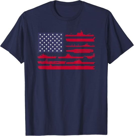 American Flag and Naval Ships - Patriotic Military Shirt T-Shirt - T-Shirt | Navy