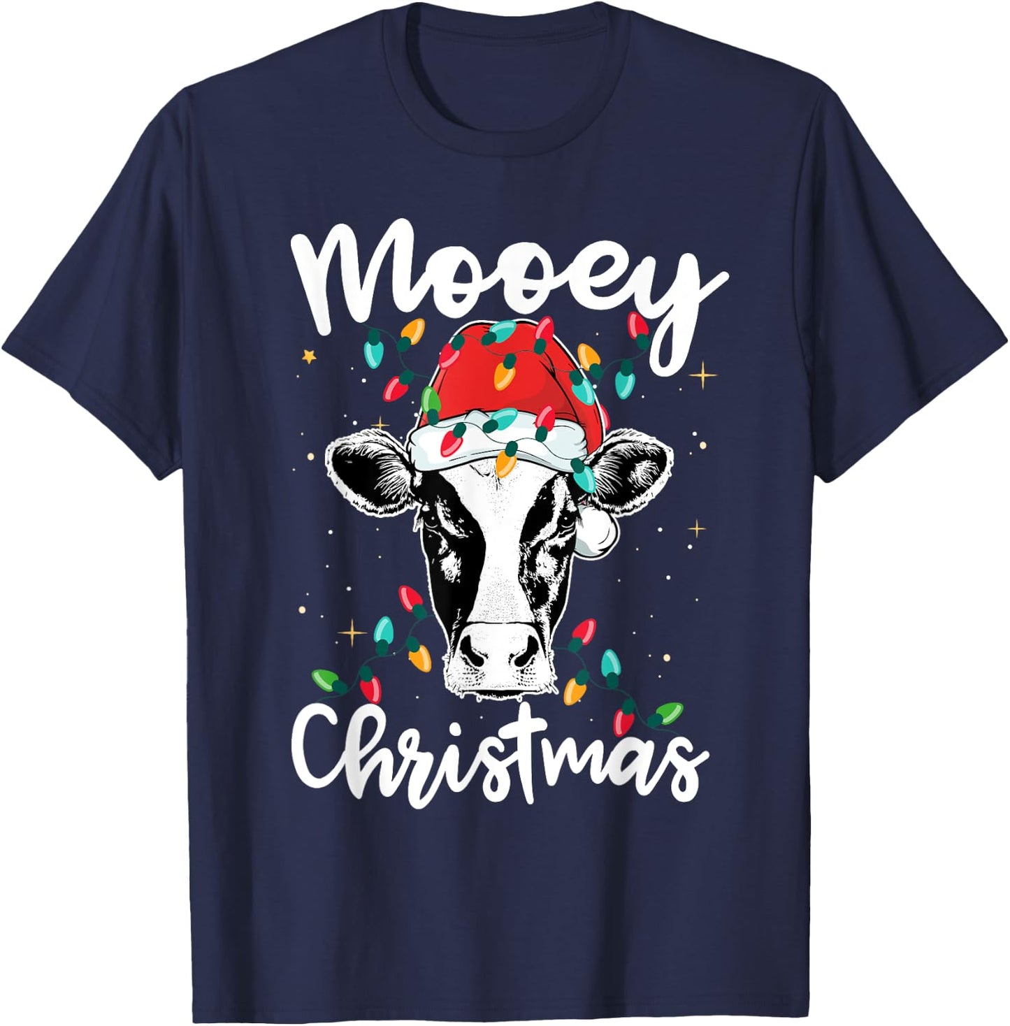 Mooey Christmas Santa Christmas Lights Cow Lovers T-Shirt - T-Shirt | Navy