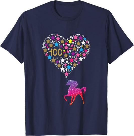 Unicorn 100 Days Of School Shirt Cute Happy Gift Outfit T-Shirt - T-Shirt | Navy