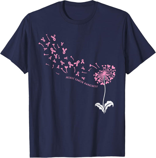 Dandelion Breast Cancer Awareness Pink Ribbon Support Gift T-Shirt - T-Shirt | Navy