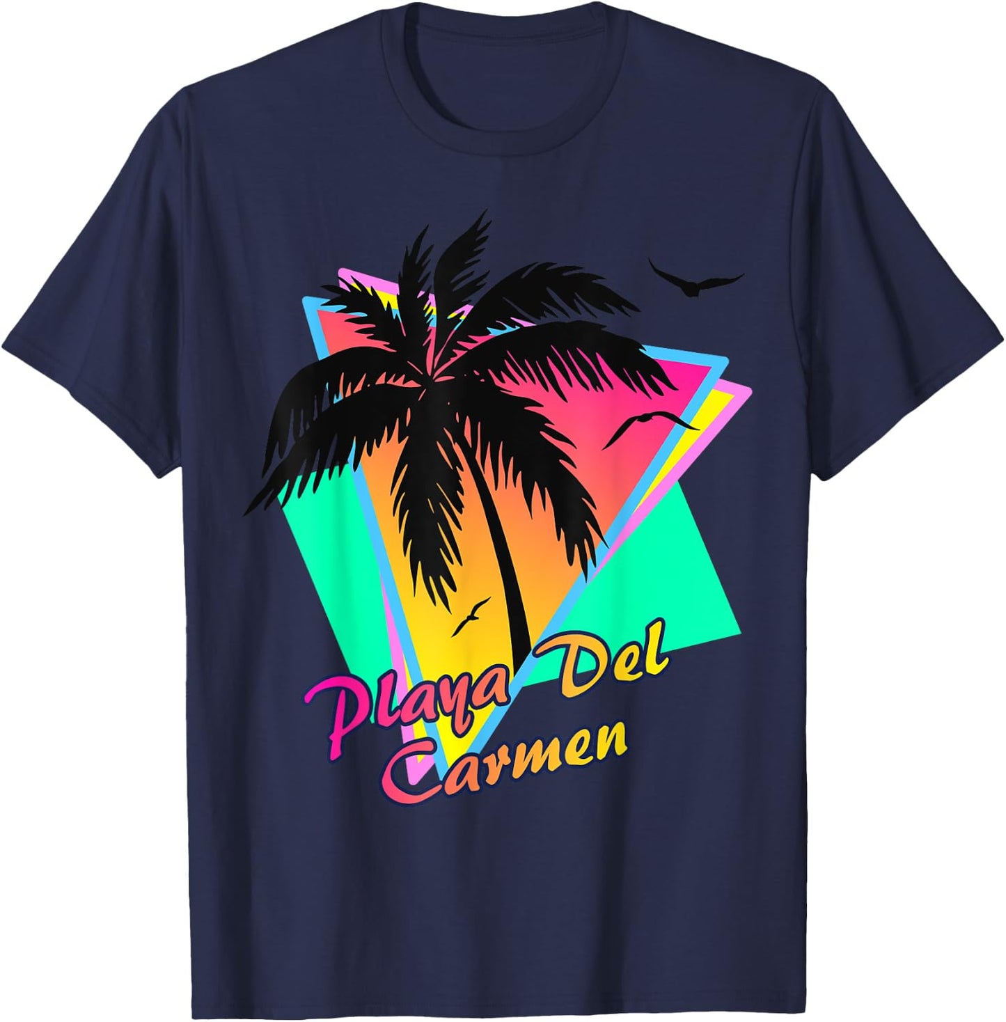 Playa Del Carmen 80s Tropical Summer And Beach Palm Sunset T-Shirt - T-Shirt | Navy