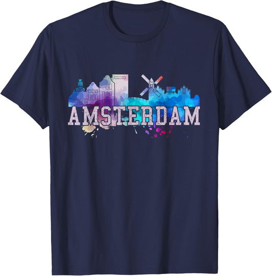 Amsterdam - Watercolor Art Skyline Netherlands Gift T-Shirt - T-Shirt | Navy