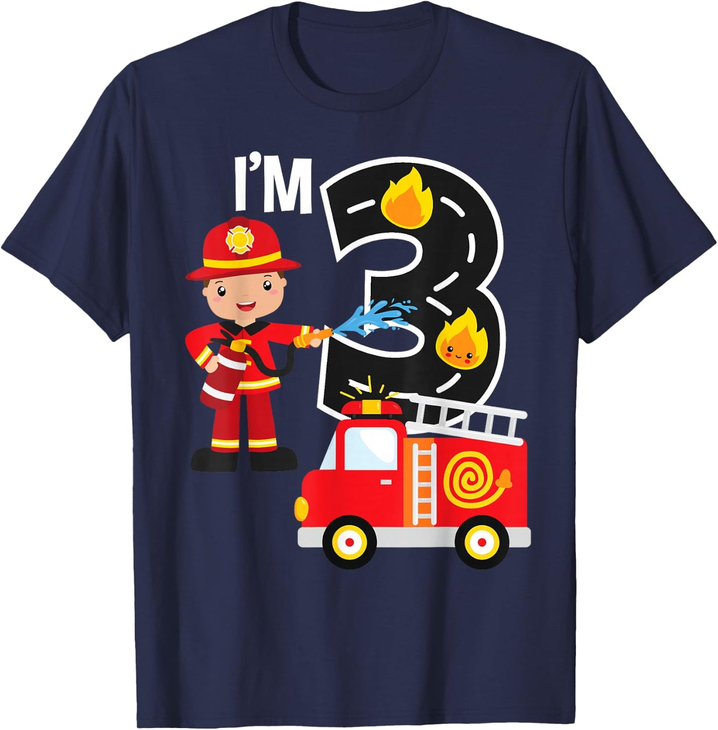 Fire Truck Fireman 3 Year Old I'm 3rd Birthday Party T-Shirt - T-Shirt | Navy