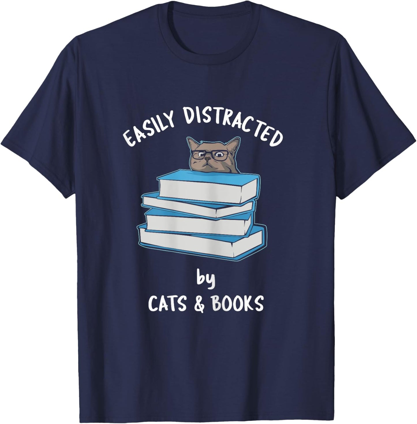 Easily Distracted by Cats & Books - Russian Blue - Book pile T-Shirt - T-Shirt | Navy