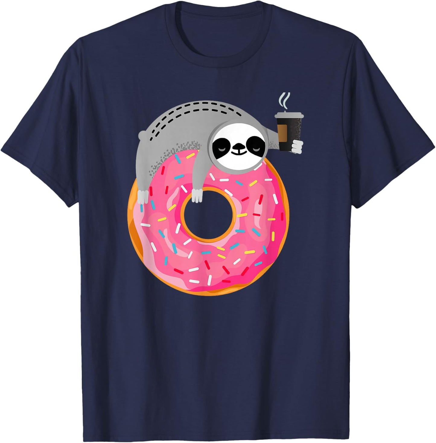 Sloth On Donut With Cup Of Steaming Coffee T-Shirt - T-Shirt | Navy