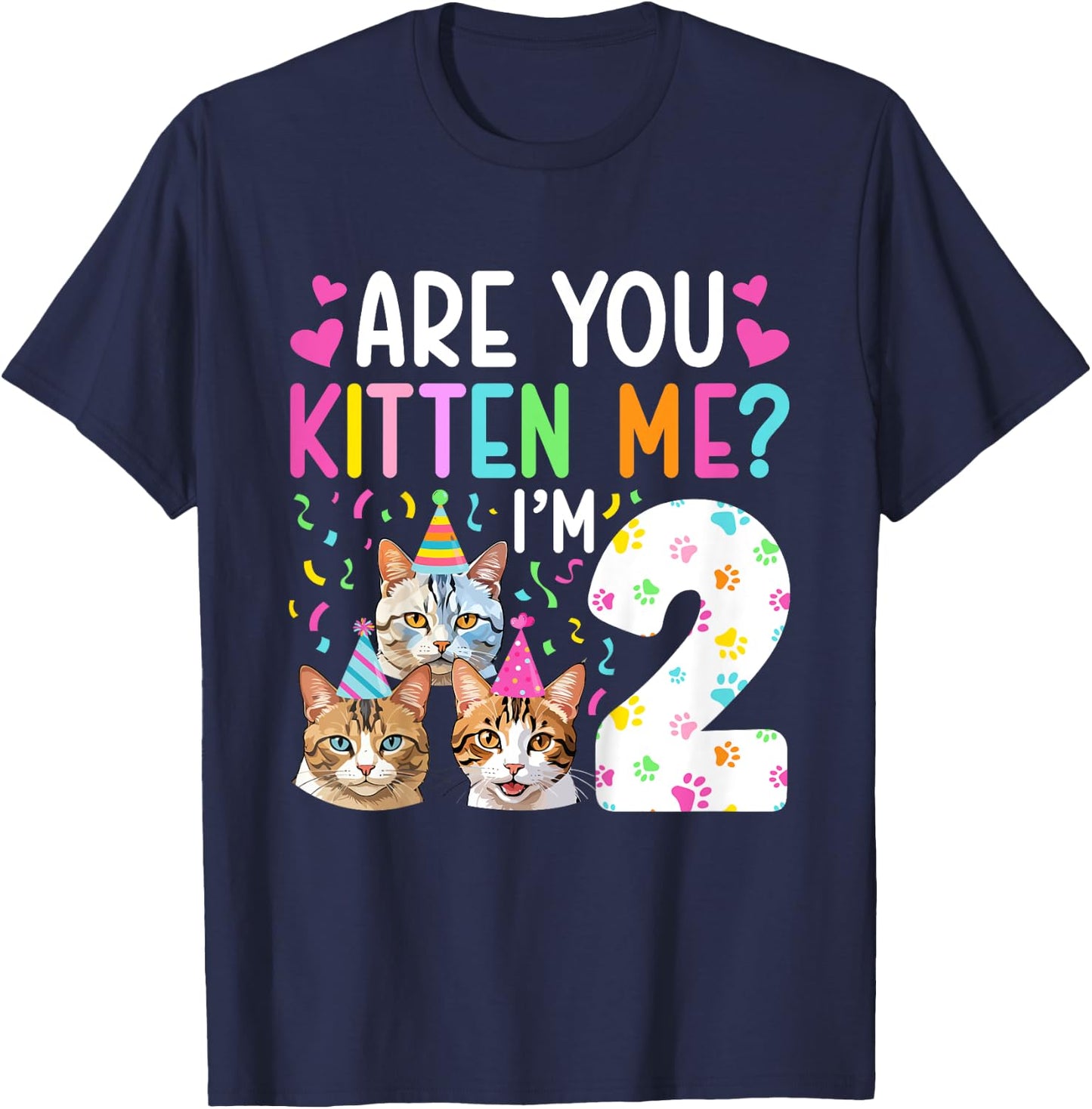 Kids 2nd Cat Birthday Party 2 Year Old Girl Kitten Birthday T-Shirt - T-Shirt | Navy
