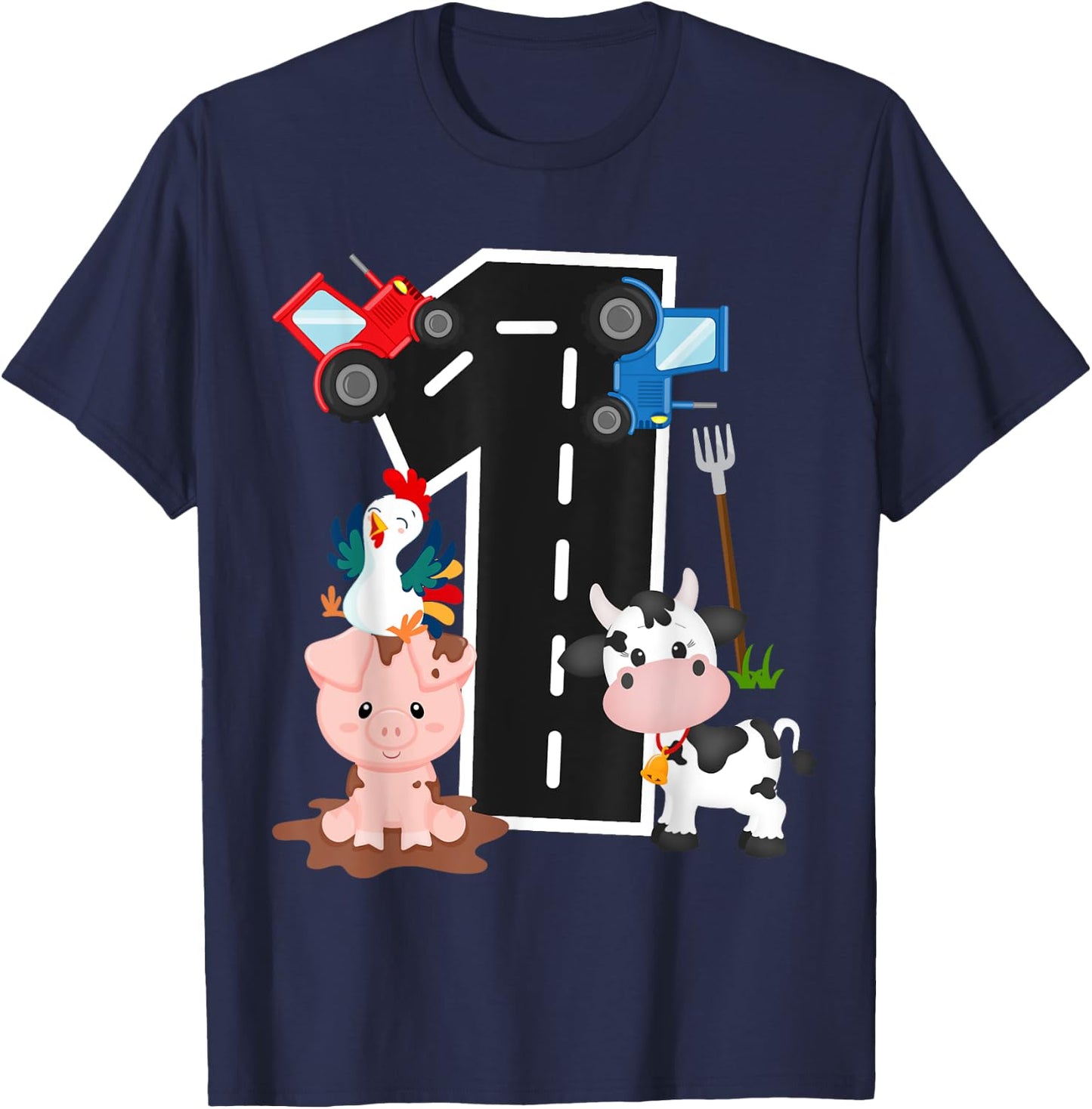 Tractor Farm Animals Number 1 1st Birthday Farm Barnyard T-Shirt - T-Shirt | Navy