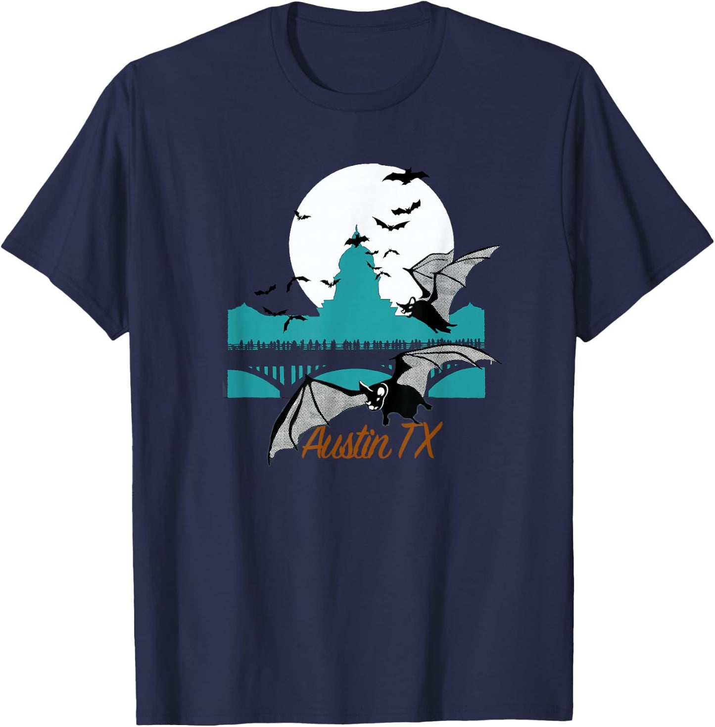 Austin TX Bats Over Congress Bridge With Capitol Building T-Shirt - T-Shirt | Navy