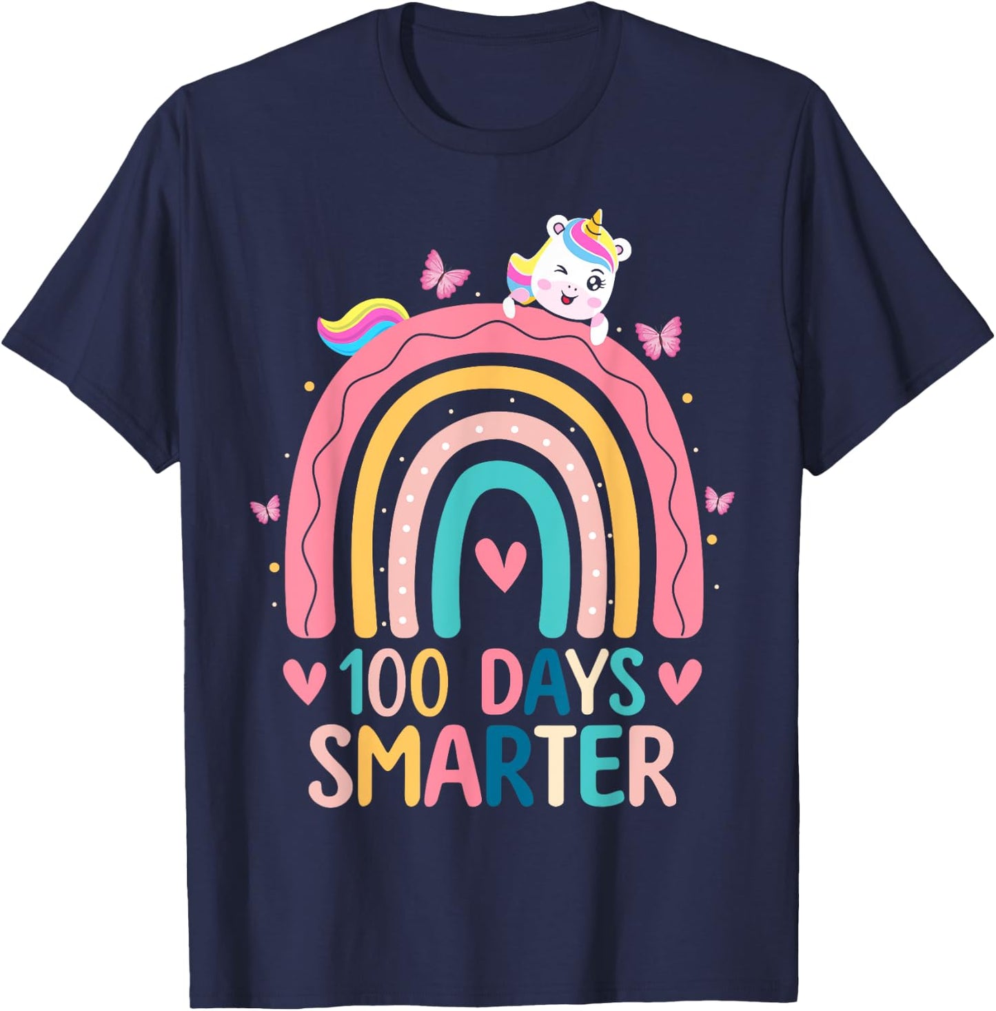 100 Days Smarter Rainbow Unicorn Girls 100th Day of School T-Shirt - T-Shirt | Navy
