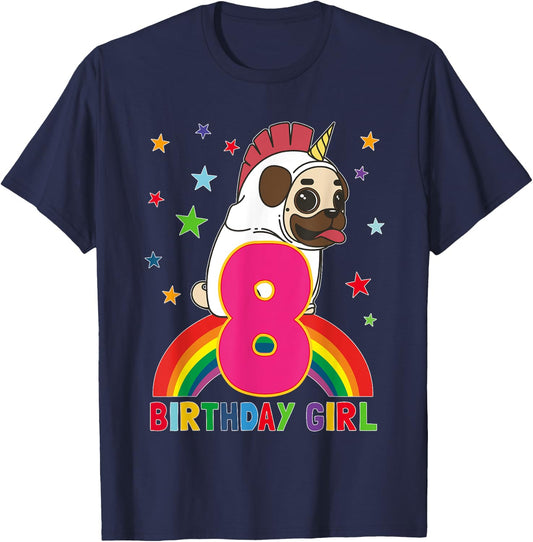 Pug 8th Birthday 8 Year Old Girl Unicorn Pugicorn Party Gift T-Shirt - T-Shirt | Navy